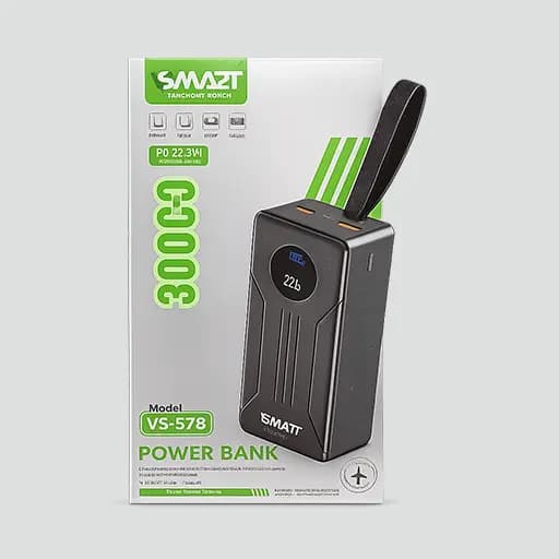پاوربانک 30000 میلی‌آمپرساعت VSMART مدل VS-578 با شارژ سریع PD 22.5W و نمایشگر دیجیتال