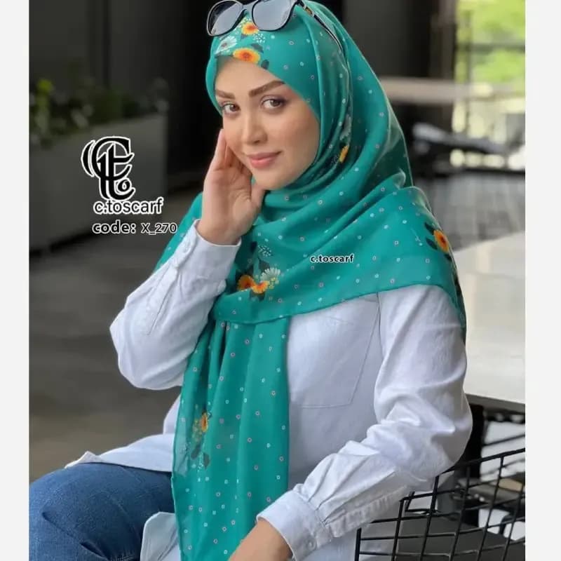 روسری نخ کاستوم قواره 140 طرح پونه تیره — تصویر ۳