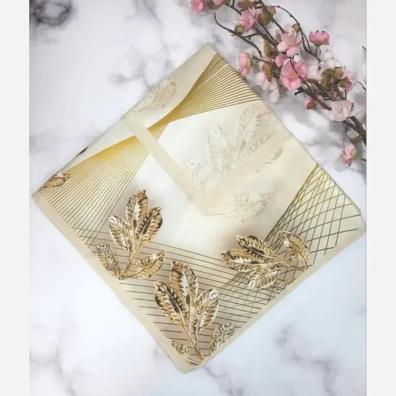 روسری نخی کاستوم طرح طلا قواره بزرگ 140 سانتیمتر دور چرخ دوز مزونی — تصویر ۷