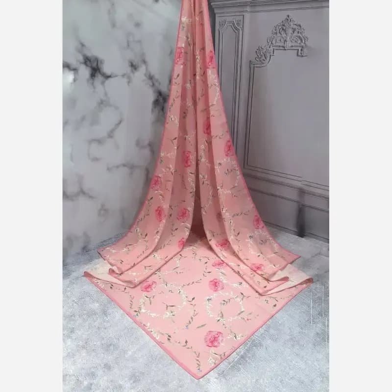 روسری نخ کاستوم قواره 140 طرح گل گلی دابل پینک — تصویر ۸
