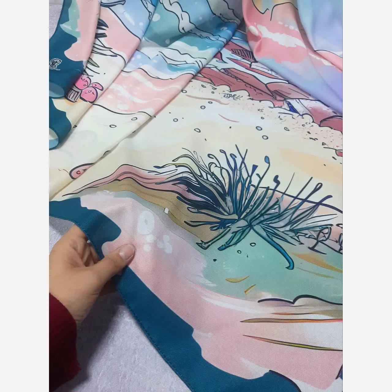 روسری نخ کاستوم طرح مرجان سایز 140 آبی صورتی — تصویر ۲