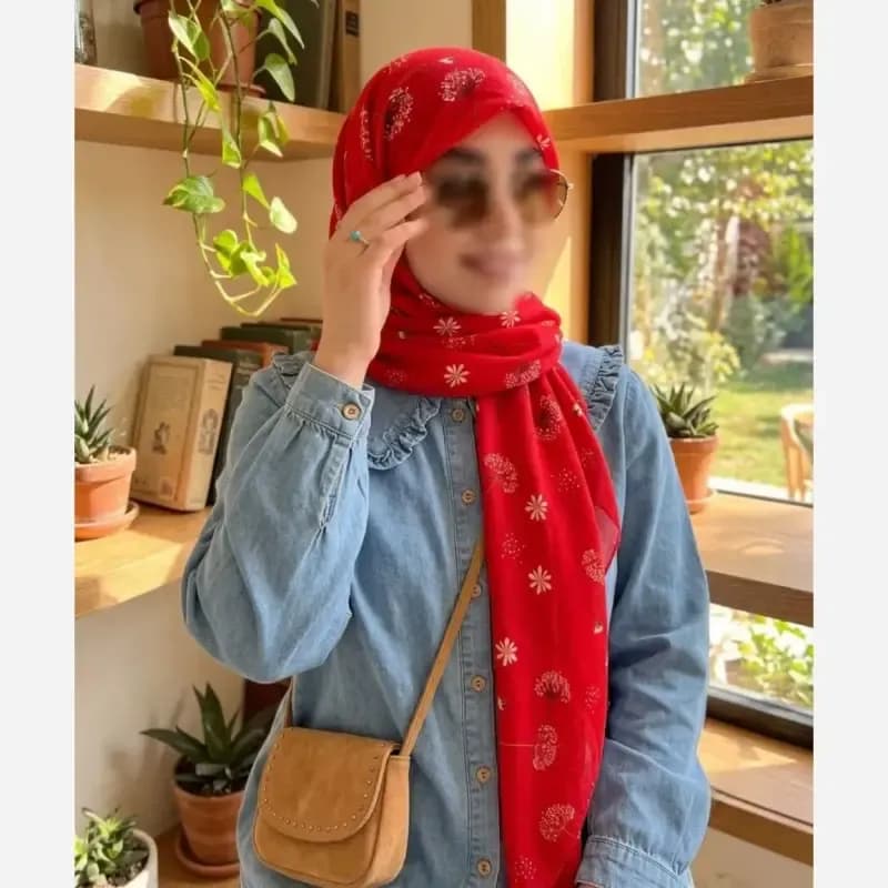 روسری نخی کاستوم طرح قاصدک قواره 110 قرمز شاد — تصویر ۷