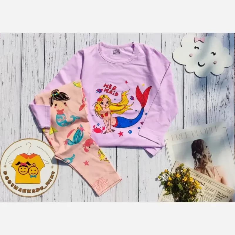 ست بلوز و شلوار راحتی دخترانه طرح پری دریایی جنس نخ پنبه سایز 3 تا 7 سال — تصویر ۴