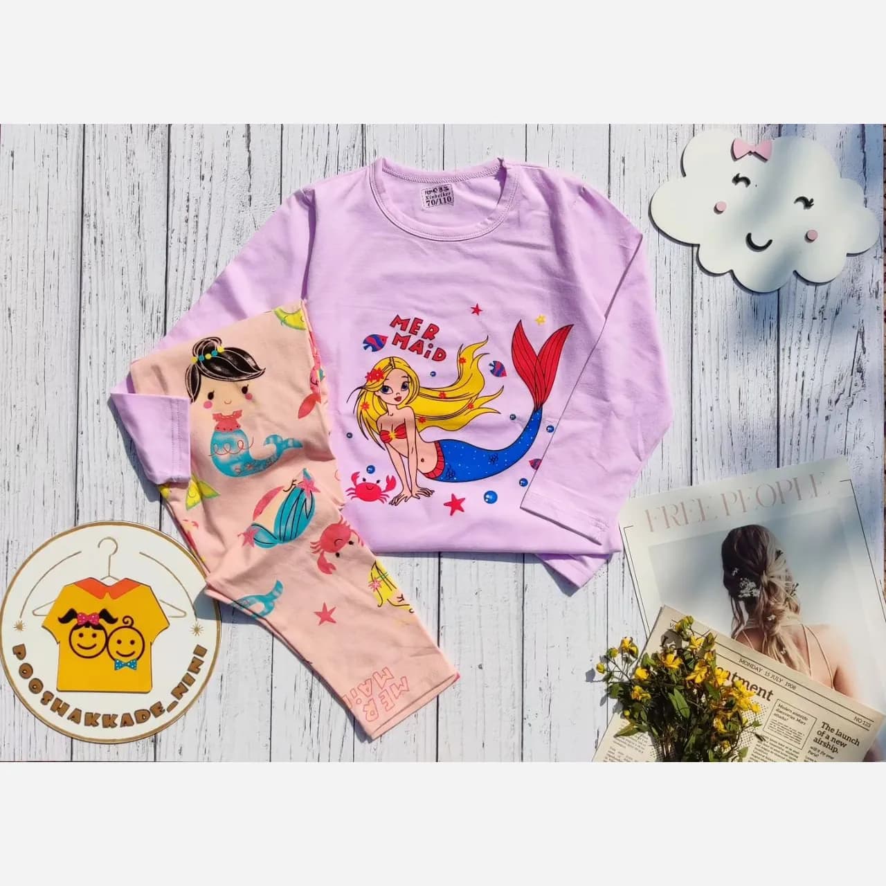 ست بلوز و شلوار راحتی دخترانه طرح پری دریایی جنس نخ پنبه سایز 3 تا 7 سال — تصویر ۱۰