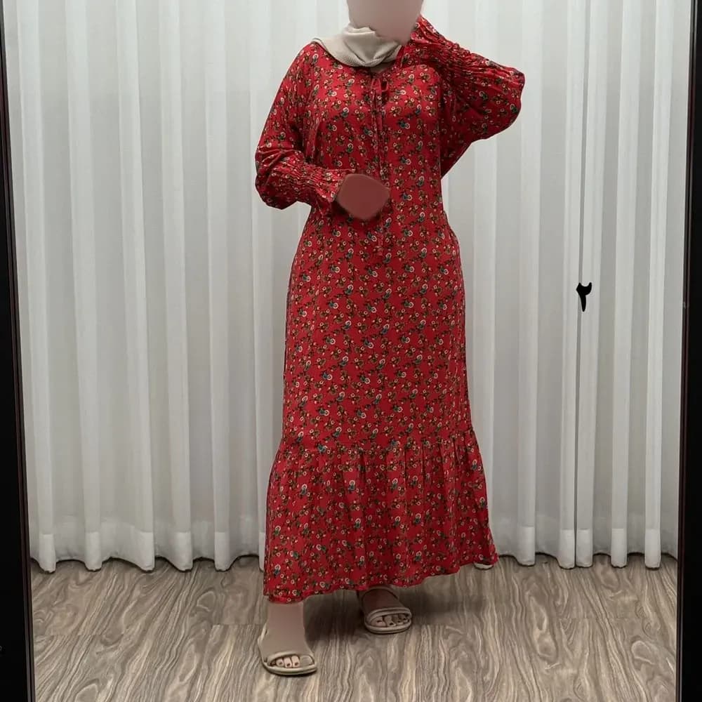 پیراهن ساحلی نخی زنانه و دخترانه فری سایز مناسب تا سایز 50 با کمر کشی و کمربند — تصویر ۹