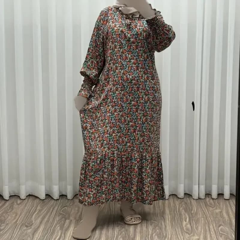 پیراهن ساحلی نخی زنانه و دخترانه فری سایز مناسب تا سایز 50 با کمر کشی و کمربند — تصویر ۳