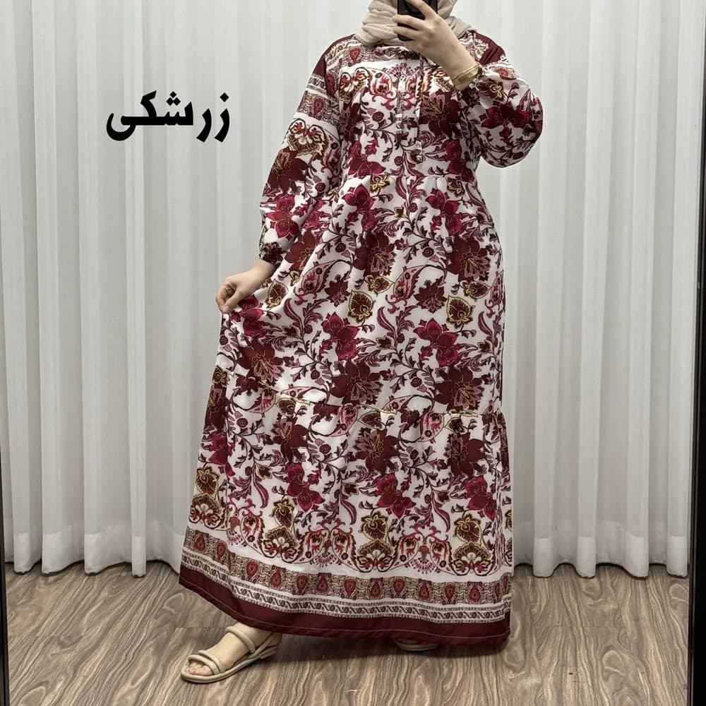 پیراهن فلور بوگاتی حاشیه دار نخی فری سایز تا 50 بنددار چهارفصل زنانه شیک — تصویر ۹