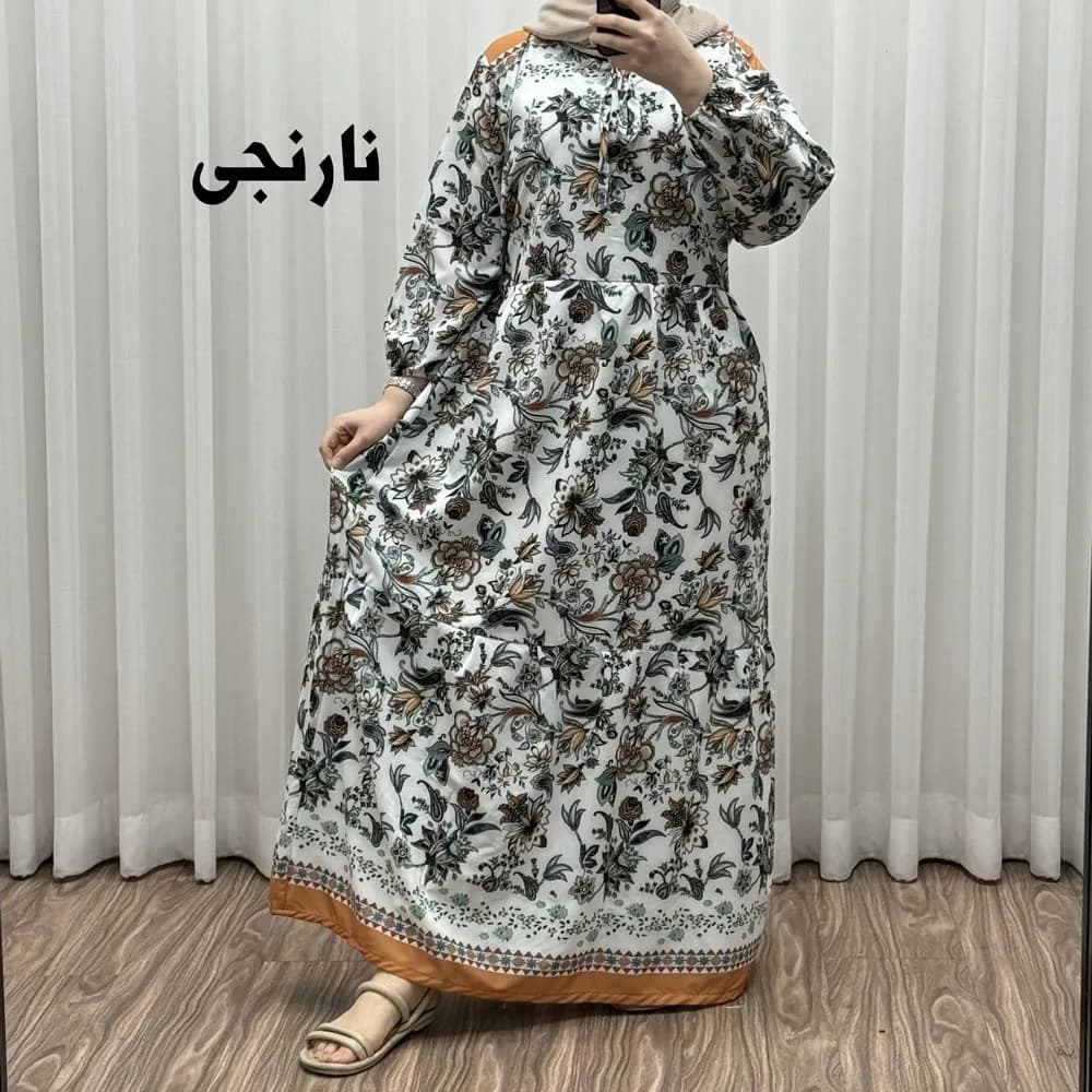 پیراهن فلور بوگاتی حاشیه دار نخی فری سایز تا 50 بنددار چهارفصل زنانه شیک — تصویر ۱۰