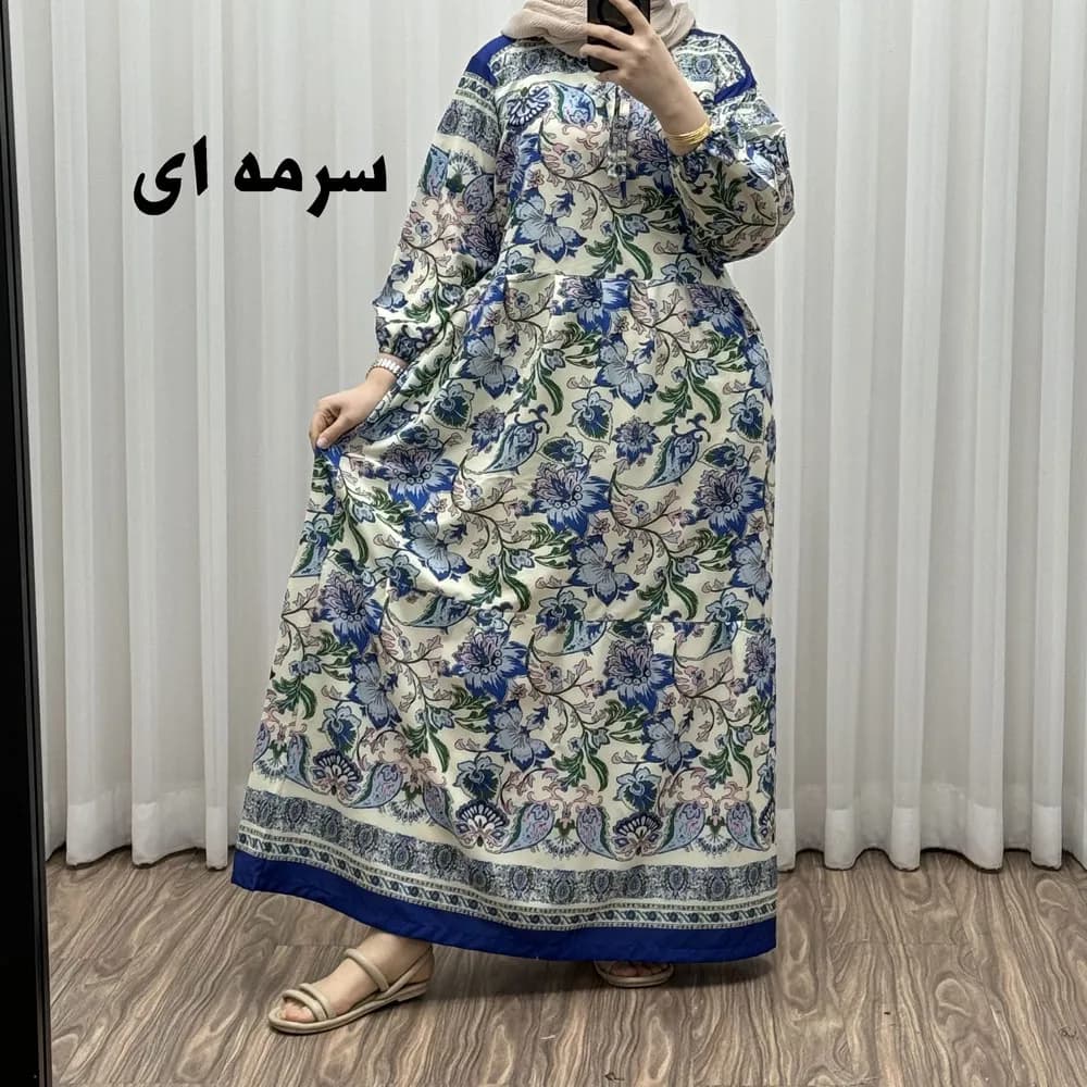 پیراهن فلور بوگاتی حاشیه دار نخی فری سایز تا 50 بنددار چهارفصل زنانه شیک — تصویر ۱۲