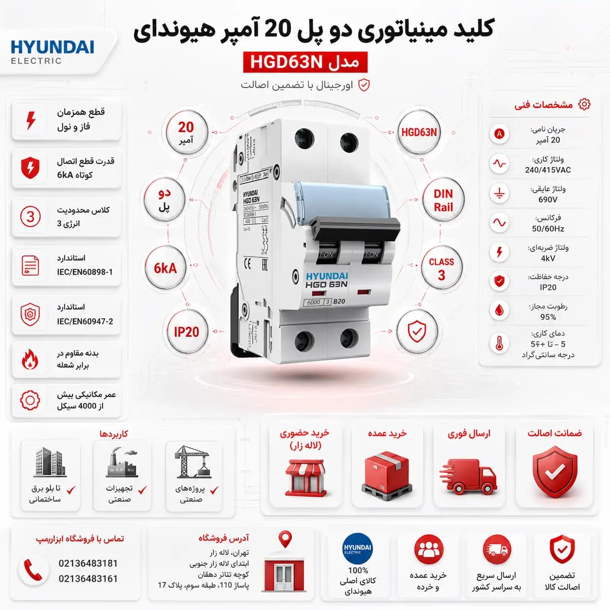 کلید مینیاتوری دو پل 20 آمپر هیوندای HYUNDAI — تصویر ۳