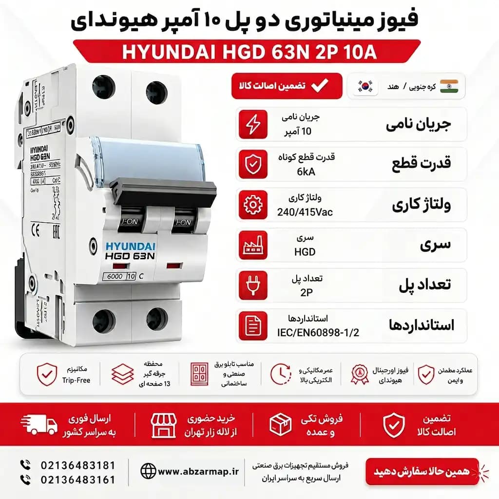 کلید مینیاتوری دو پل 10 آمپر هیوندای HYUNDAI — تصویر ۲