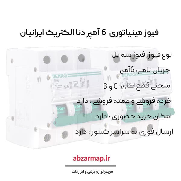 فیوز مینیاتوری سه پل 6 آمپر دنا الکتریک — تصویر ۴