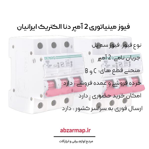 فیوز مینیاتوری سه پل 2 آمپر دنا الکتریک — تصویر ۴