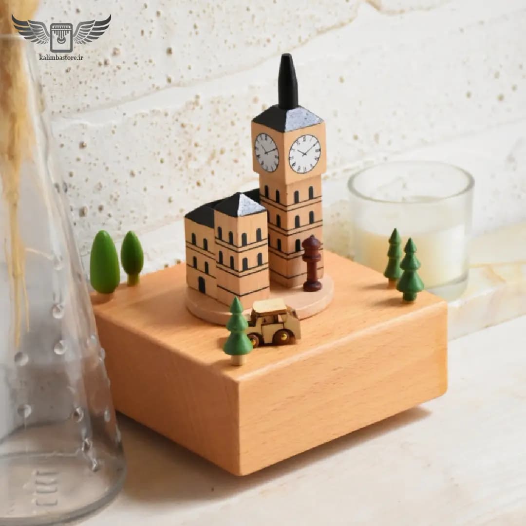 موزیک باکس چوبی مدل برج ساعت — تصویر ۳