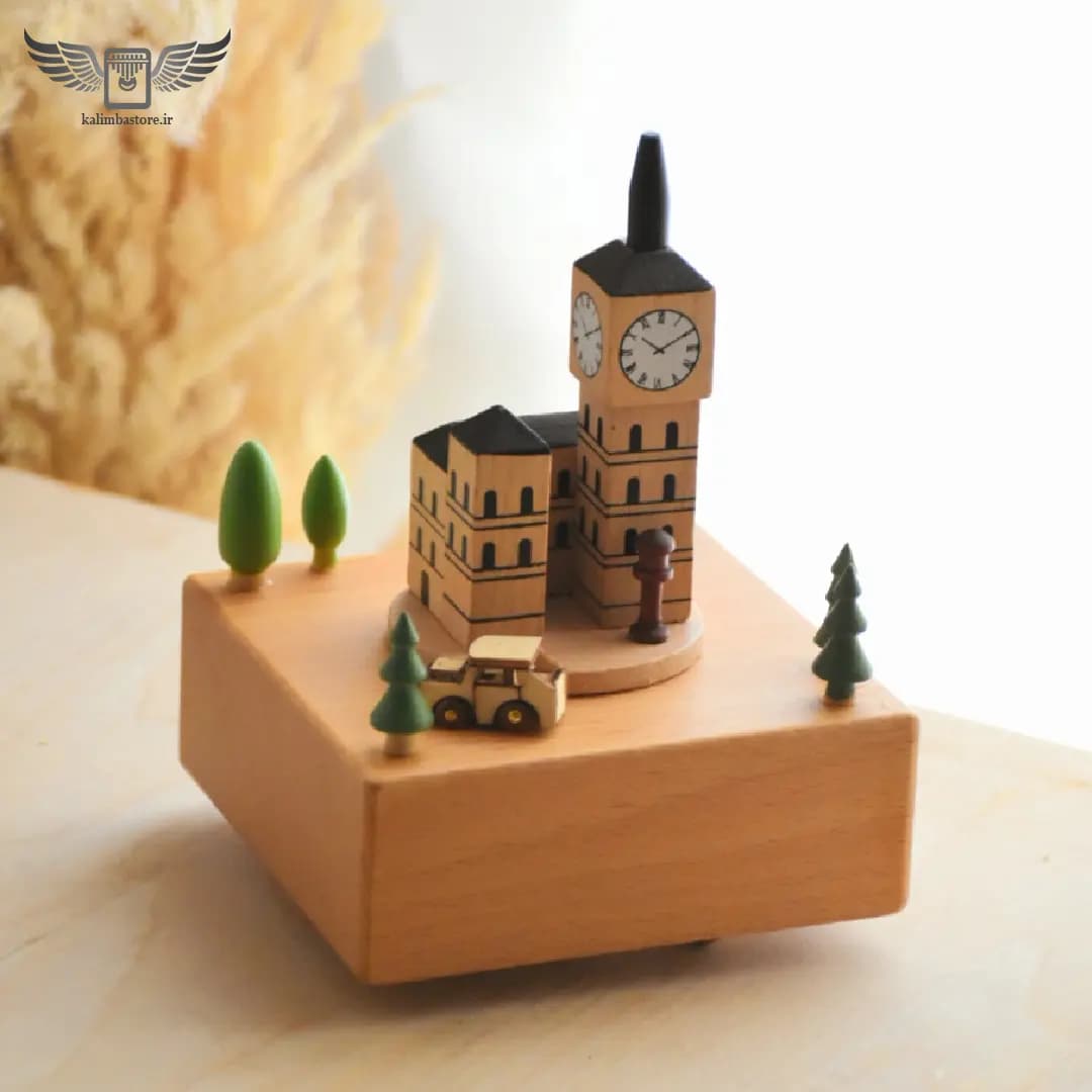 موزیک باکس چوبی مدل برج ساعت — تصویر ۵