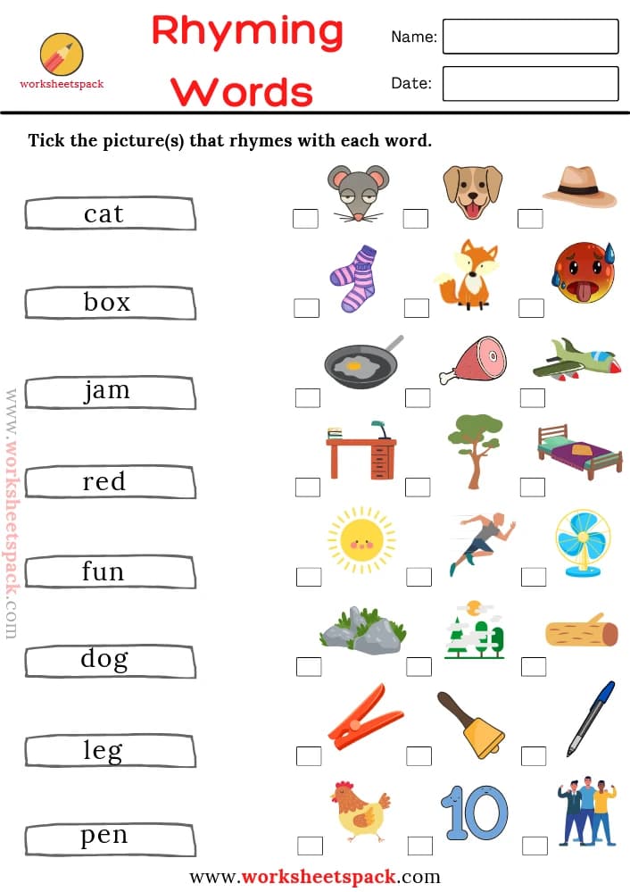 کتاب Free Rhyming Words Worksheets (برگه‌های تمرین کلمات هم‌آوا) نسخه انگلیسی PDF
