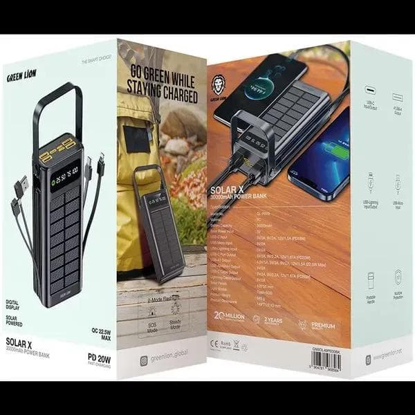 پاوربانک خورشیدی 30000 گرین لاین مدل Solar X GLPX49 GNSOL49PB30BK توان 22.5 وات و کابل متصل — تصویر ۳