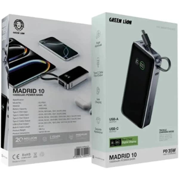 پاوربانک 10000 گرین لاین Green Lion Madrid 10 GL-PX31 GNMAD10PBKGY توان 35 وات با کابل متصل — تصویر ۲