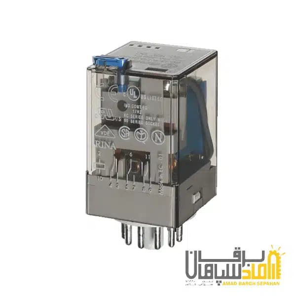 رله Finder فیندر 48VDC سه کنتاکت 10 آمپر 11 پین نصب بر سوکت 90 مدل 601390480040