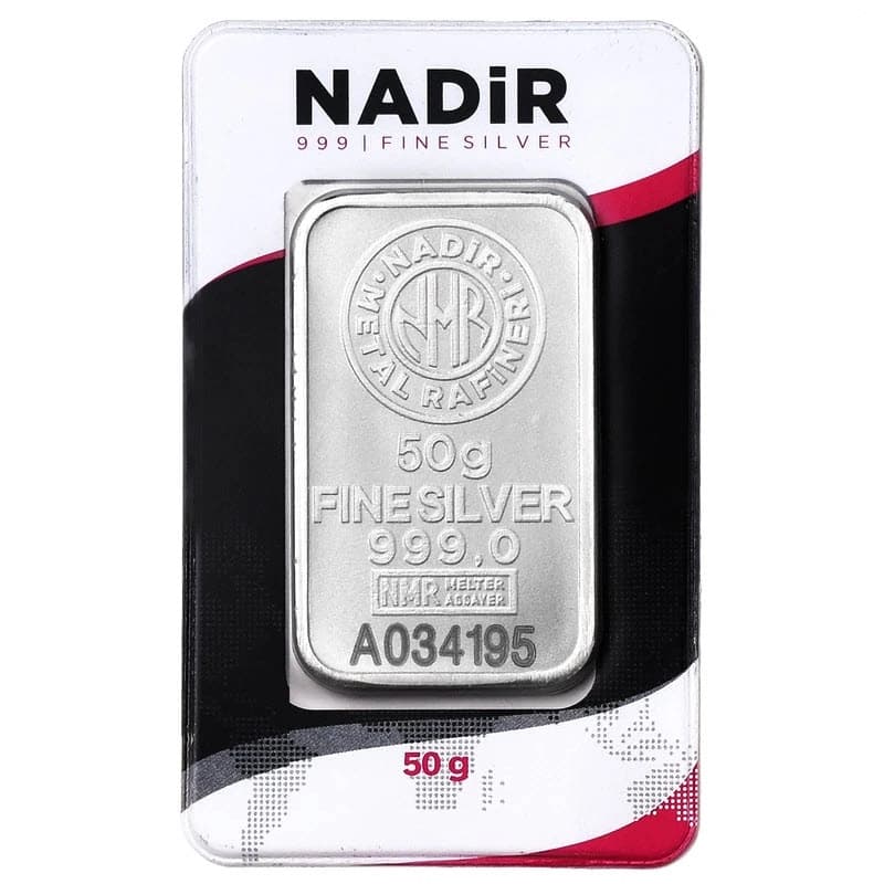 شمش نقره ندیر nadir ۵۰ گرمی عیار ۹۹۹