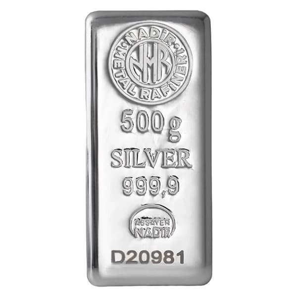 شمش نقره ندیر nadir ترکیه اصلی عیار 999/9 مناسب سرمایه گذاری 500 گرمی