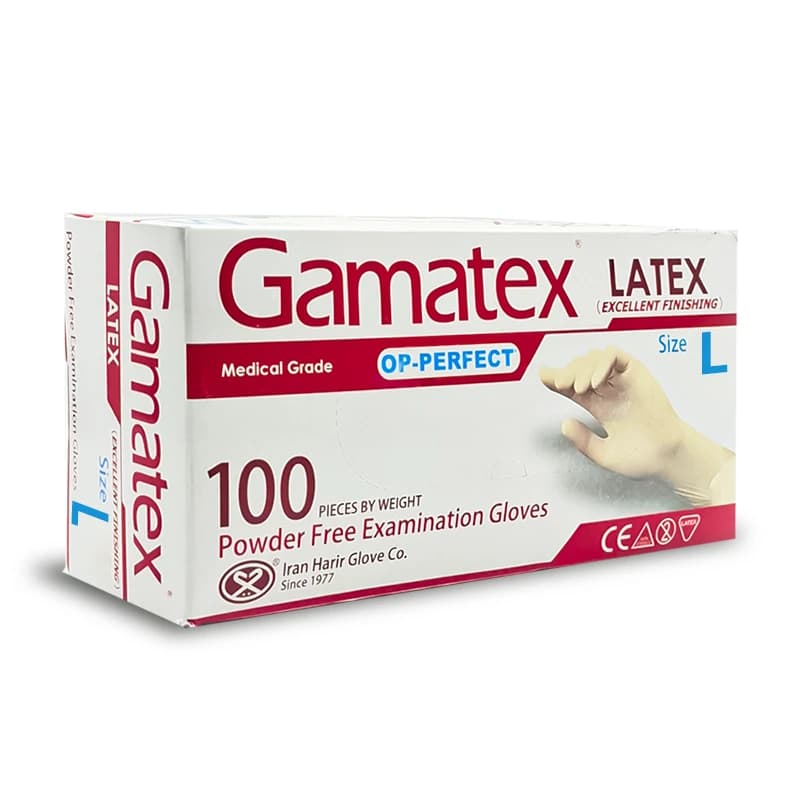 دستکش لاتکس بدون پودر GAMATEX-سایز لارج – بسته 100 عددی