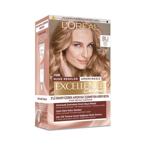 رنگ مو لورال بدون آمونیاک رنگ 8U (بلوند تیره نود) سری Excellence Creme Nude