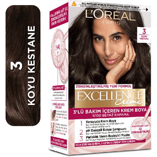 رنگ موی لورال شماره 3 – رنگ شاه بلوطی تیره سری اکسلانس کرم Excellence Creme