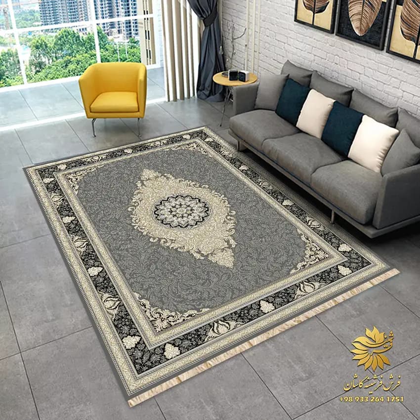 فرشینه طرح فرش طلاکوب با زمنیه دودی کد 8090