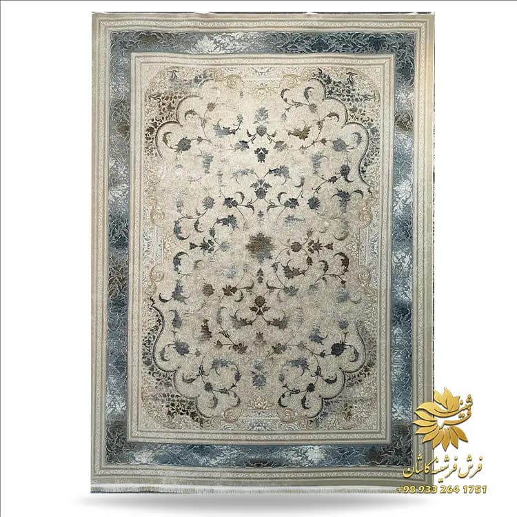 فرش حاشیه آبی 700 شانه وینتیج زمنیه بژ طرح کیان