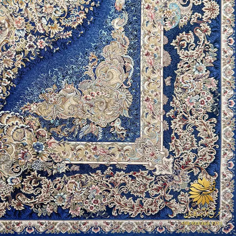 فرش 1500 شانه آبی ابریشمی طرح دستباف کد 7548 — تصویر ۳