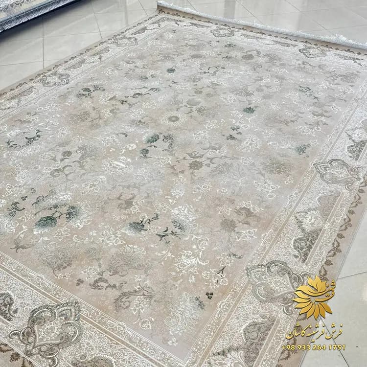 فرش 1200 شانه کرم سبز کد 1410 | خرید فرش افشان وینتیج گل برجسته — تصویر ۳
