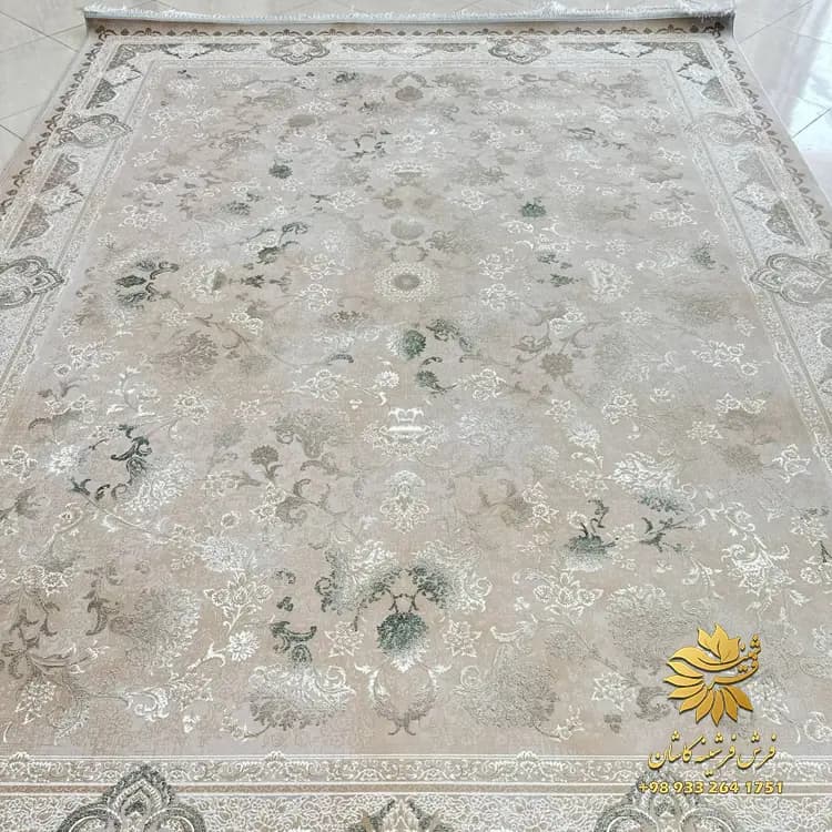 فرش 1200 شانه کرم سبز کد 1410 | خرید فرش افشان وینتیج گل برجسته — تصویر ۲