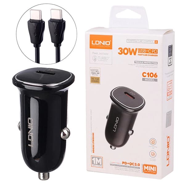 شارژر فندکی 30 وات الدینیو مدل C106 + کابل تبدیل تایپ سی — تصویر ۵