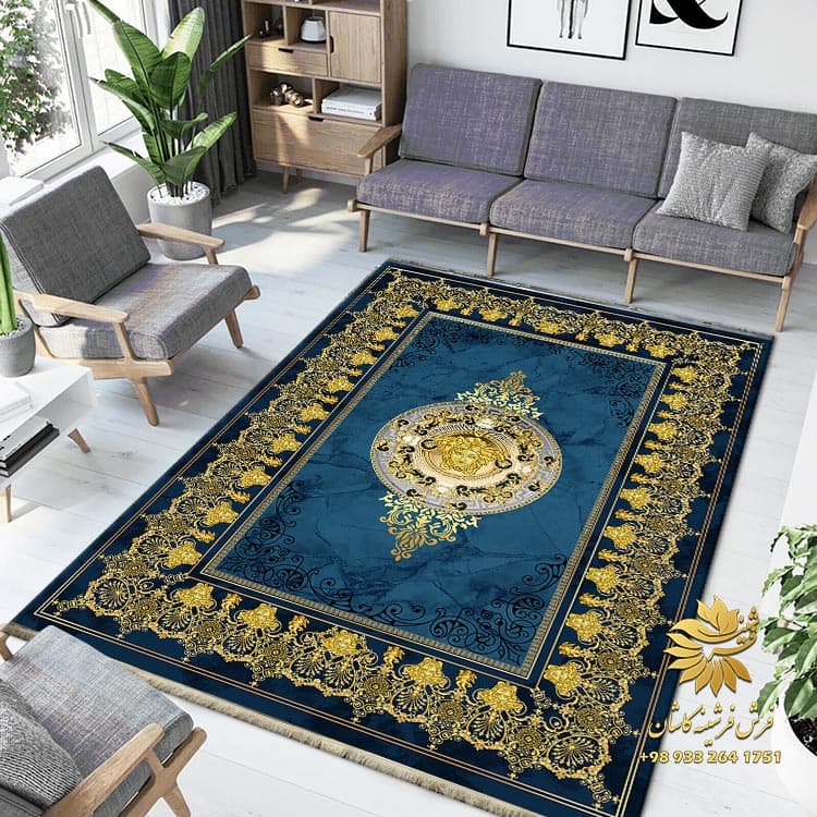 فرش ورساچه آبی طلایی مدرن فرشینه 1023