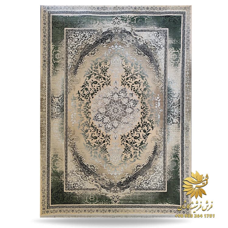فرش سبز و کرم 1200 شانه وینتیج مدل آنتاریوم