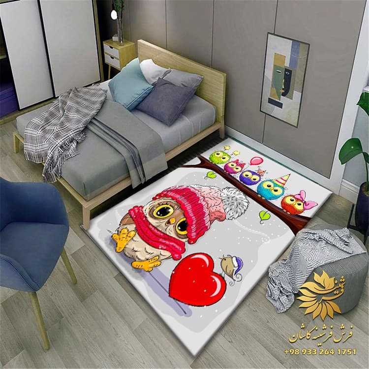 فرشینه اتاق کودک طوسی صورتی طرح پرندگان