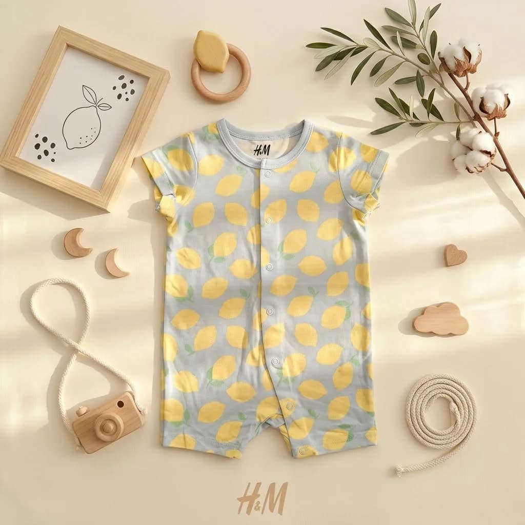 رامپر نوزادی وارداتی طرح لیمو رنگ آبی برند H&M
