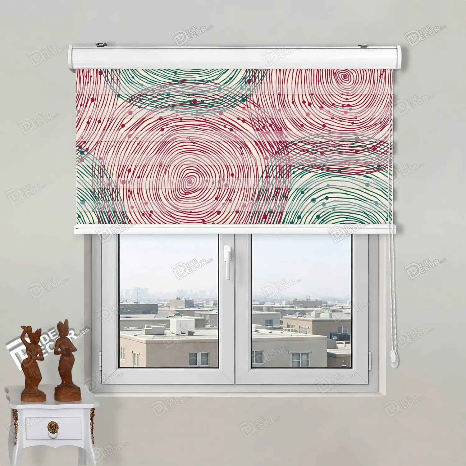 پرده زبرا تصویری طرح انتزاعی دایره‌ای سبز و زرشکی کد pt150 — تصویر ۲
