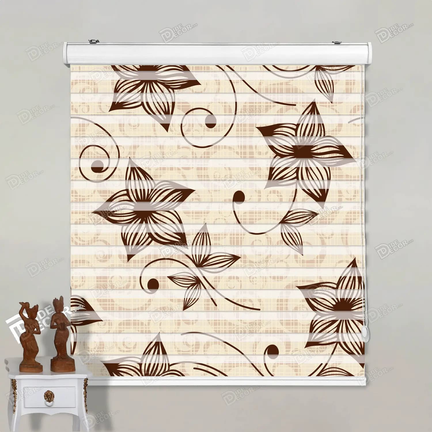 پرده زبرا چاپی گل کرم قهوه‌ای کد pt001