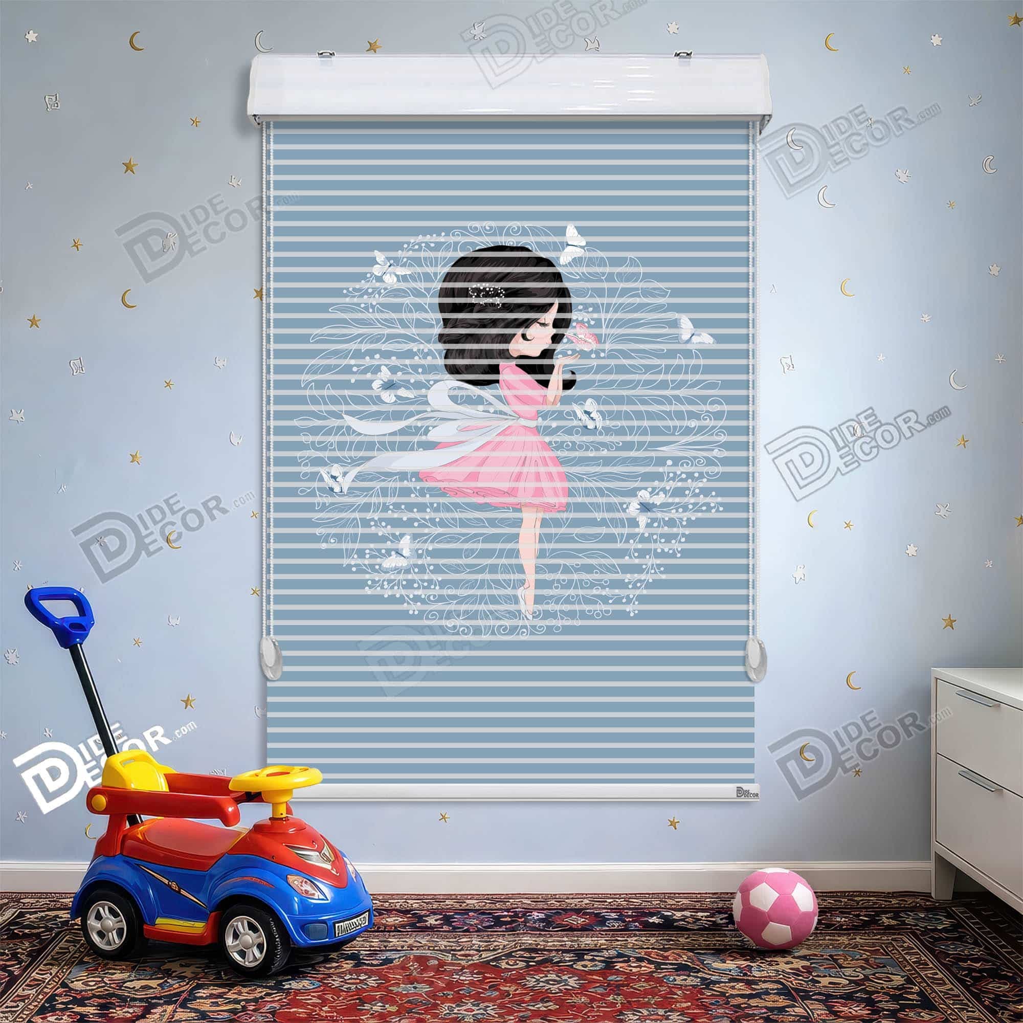 پرده زبرا دومکانیزم طرح کودک دختر پروانه آبی کد KD-08