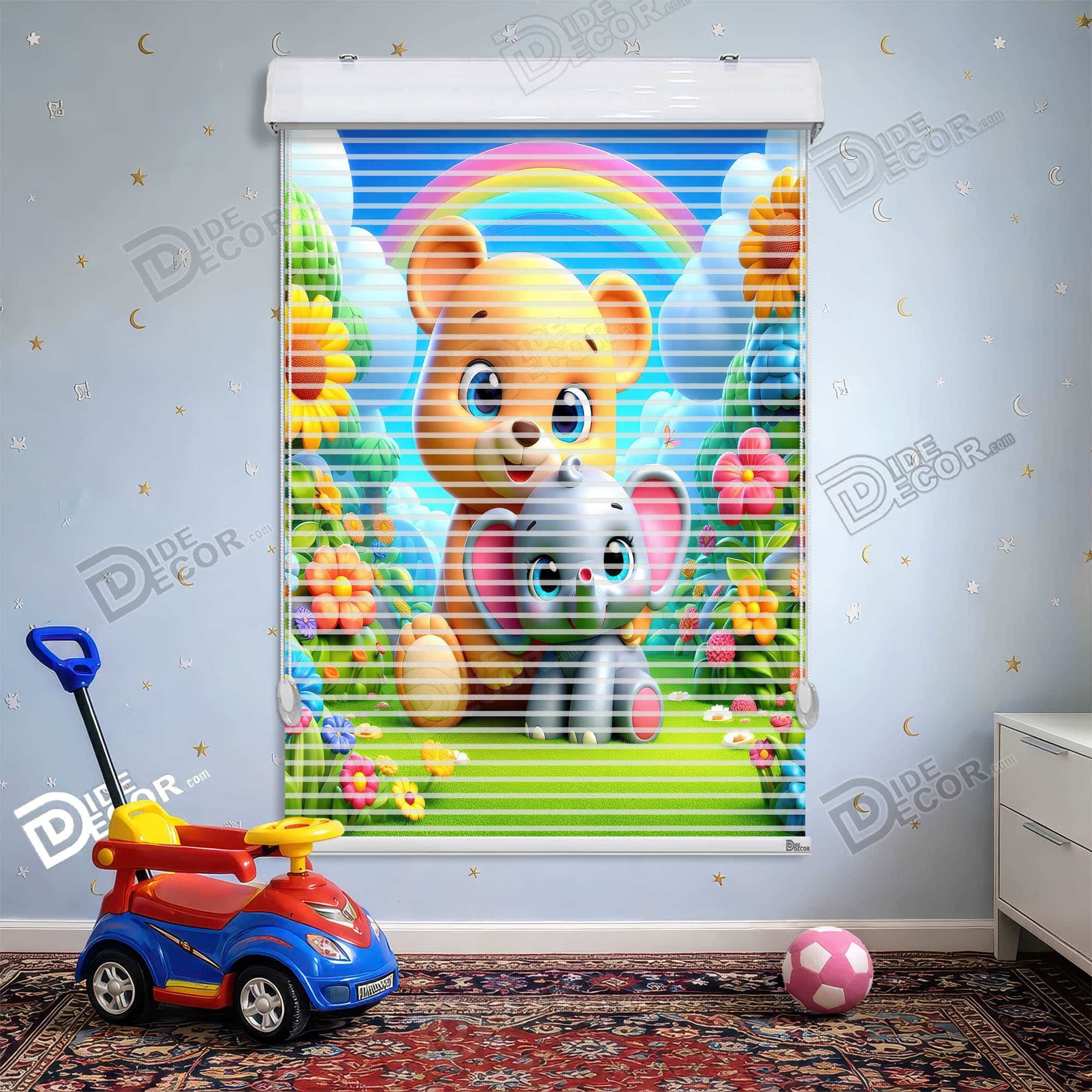پرده زبرا دومکانیزم طرح کودک خرس فیل رنگین‌کمان کد KD-58