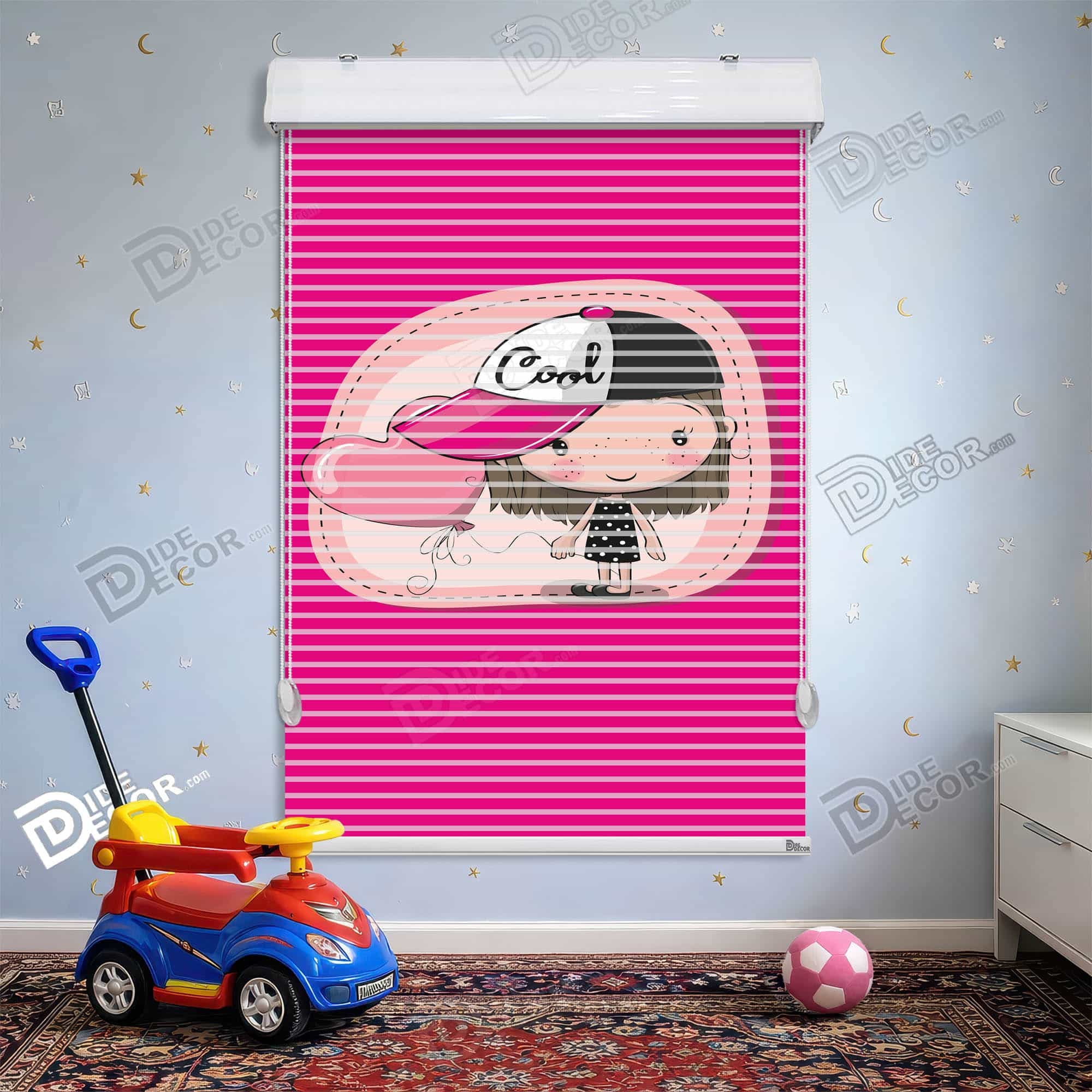 پرده زبرا دومکانیزم کودک دختر کلاهدار صورتی کد KD-39