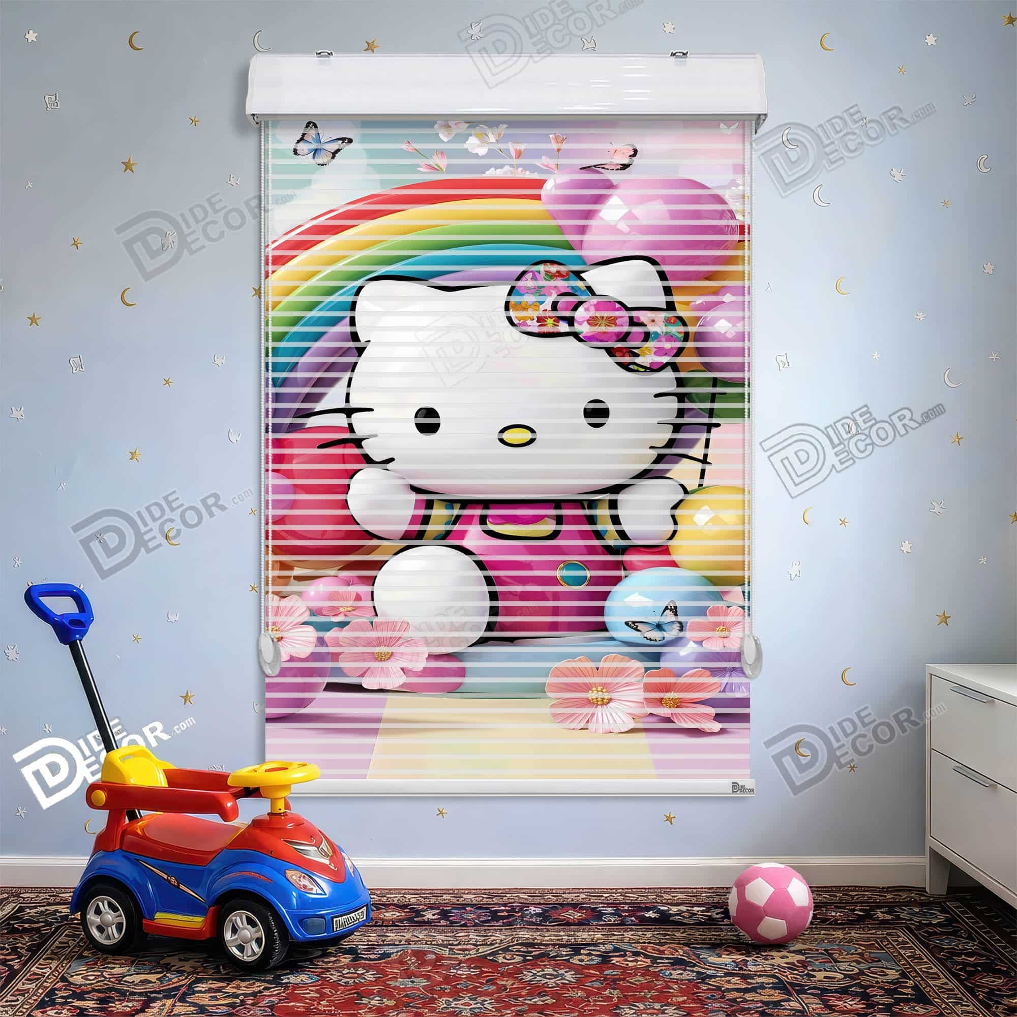 پرده زبرا دومکانیزم طرح کودک هلو کیتی و رنگین کمان کد KD-27