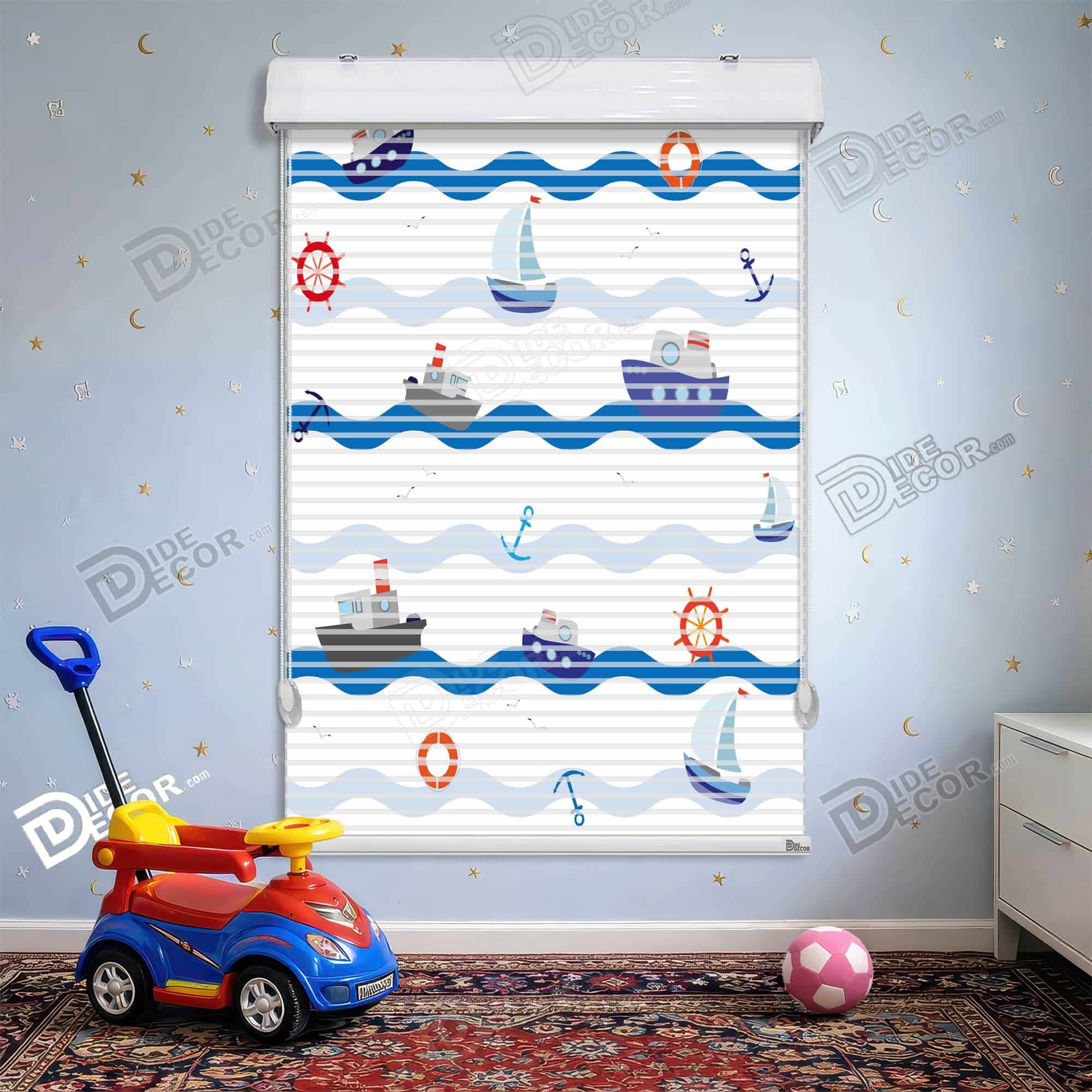 پرده زبرا دومکانیزم طرح کودک قایق و موج آبی کد KD-18