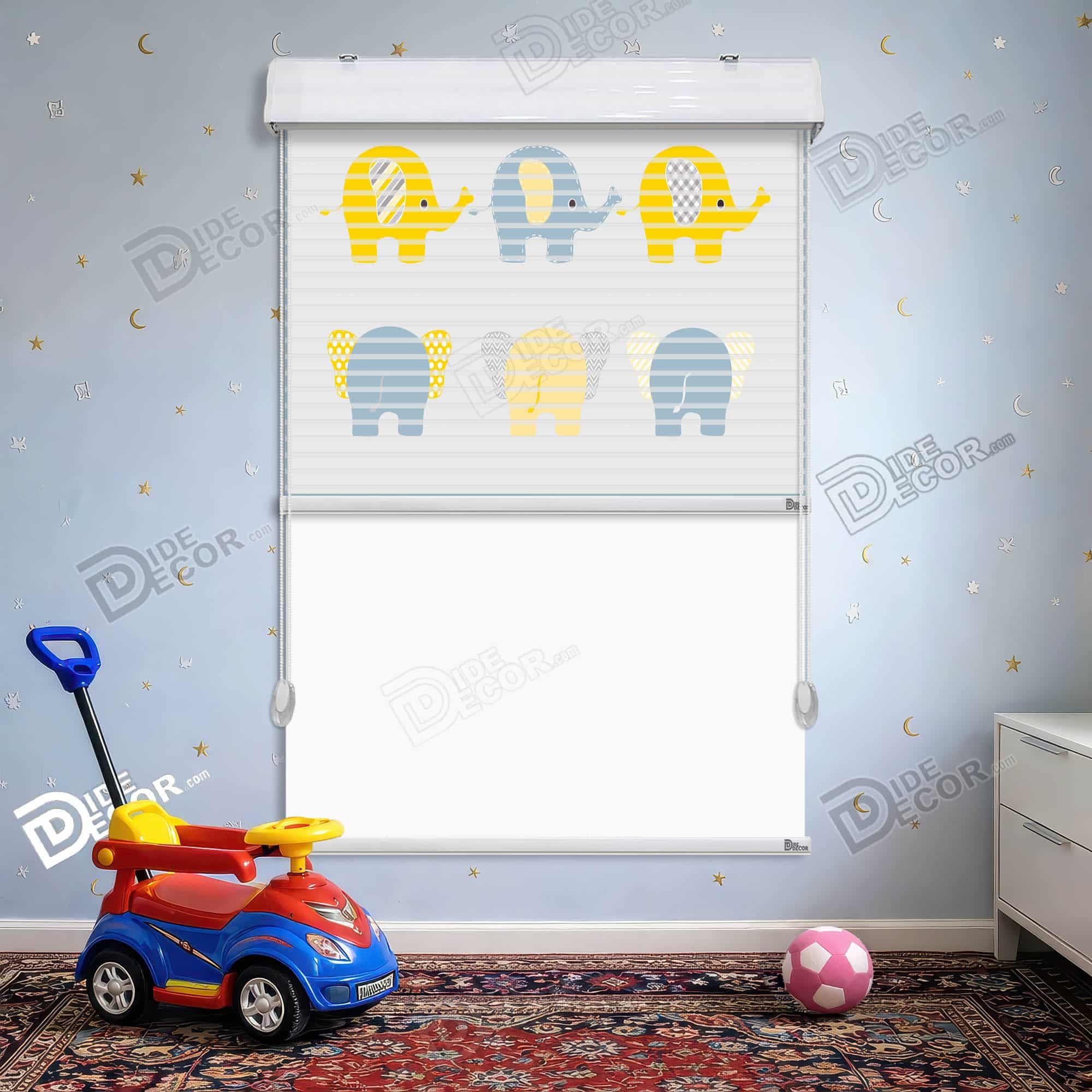 پرده زبرا دومکانیزم طرح کودک فیل زرد آبی کد KD-17 — تصویر ۲
