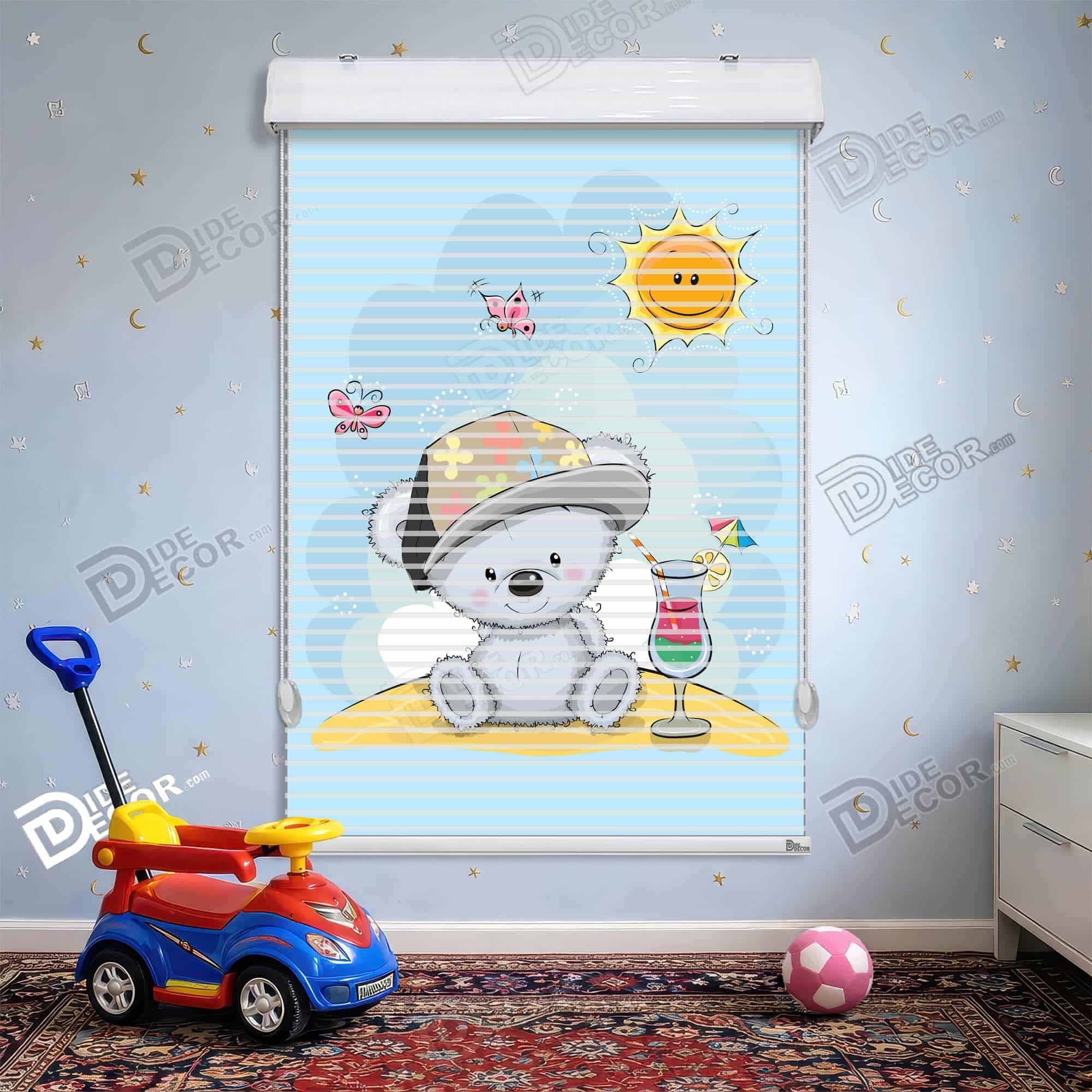 پرده زبرا دومکانیزم طرح کودک خرس کلاهدار نوشیدنی کد KD-136