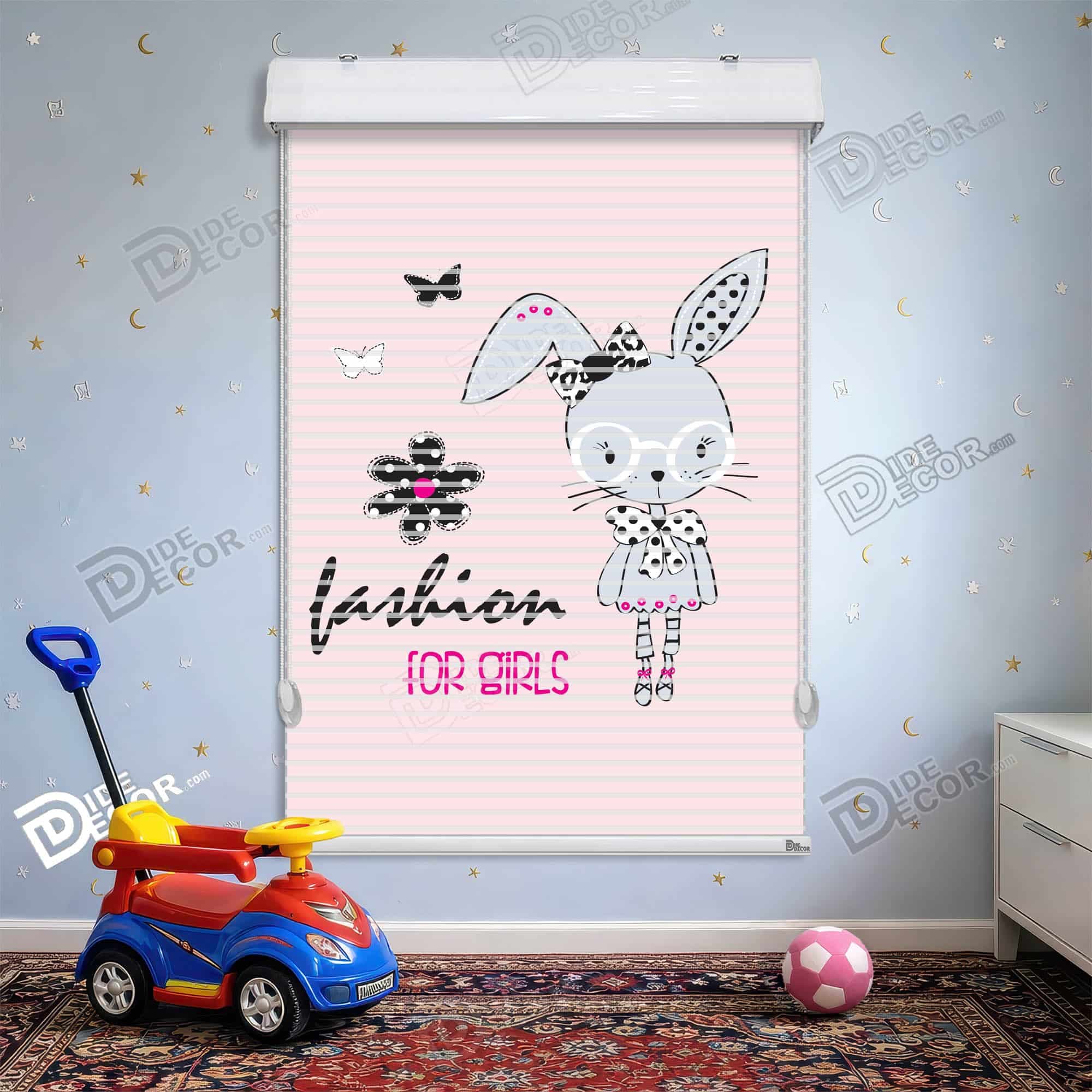 پرده زبرا دومکانیزم طرح کودک خرگوش پروانه صورتی کد KD-101