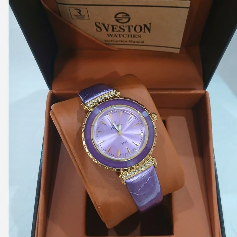 ساعت مچی زنانه SVESTON Mai دور سرامیک بند چرم موتور میوتا ژاپن مدلSV-11255L