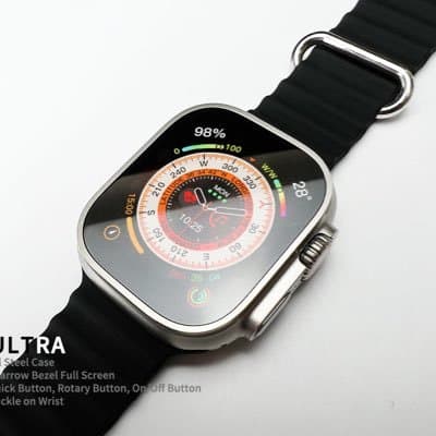 ساعت طرح اپل واچ اولترا مدل MT8 ULTRA با لوگوی اپل و قطب نما و گارانتی — تصویر ۵